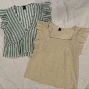 SHEIN Cream Square Neck Ruffle Sleeve Top & Mint Striped Wrap Blouse Set